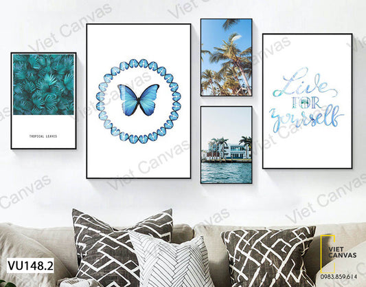 Bộ 5 Tranh Con Bướm, Những Cây Dừa, Lá Cây Xanh Và Quotes Ấn Tượng - VU148.2
