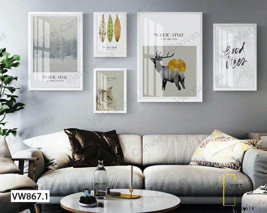Bộ 5 Tranh Hươu, Chú Mèo, Lá Cây, Khu Rừng Và Quotes - VW867.1