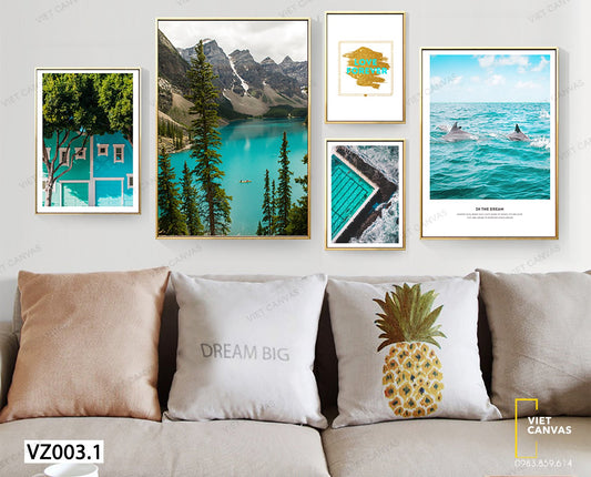 Bộ 5 Tranh Bức Tường, Hồ Nước. Biển Cả Và Quotes - VZ003.1