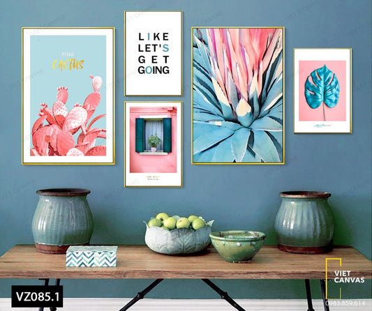 Bộ 5 Tranh Xương Rồng, Hoa Lá, Khung Cửa Sổ Và Quotes - VZ085.1