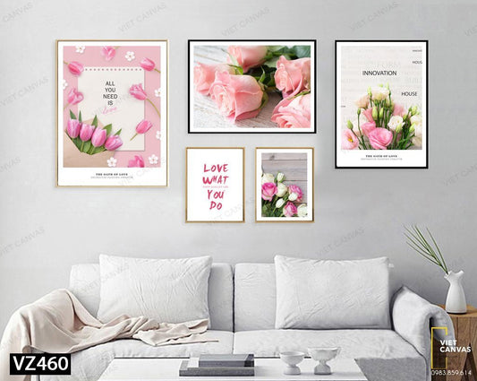 Bộ 5 Tranh Sắc Hồng Những Đoá Hoa Và Quotes - VZ460