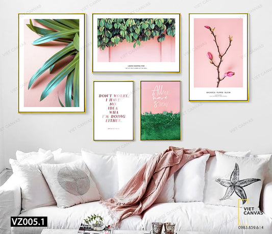 Bộ 5 Tranh Lá Cây Xanh, Cành Hoa Và Quotes - VZ005.1