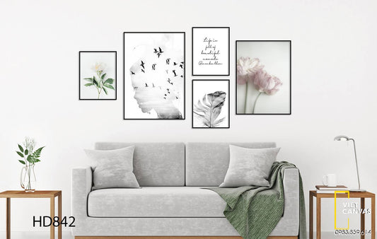 Bộ 5 Tranh Đàn Chim Bay, Hoa Lá Và Quotes - HD842