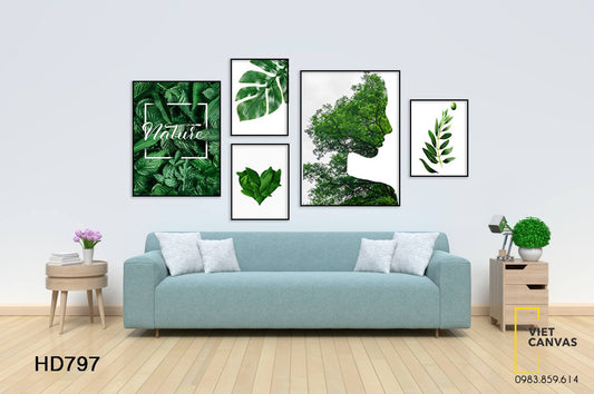 Bộ 5 Tranh Lá Cây Xanh Và Hình Mặt Cô Gái - HD797