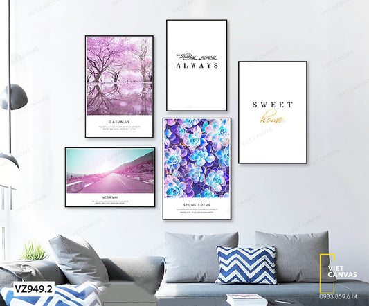 Bộ 5 Tranh Quotes, Sen Đá, Hoa Đào Và Con Đường Vắng - VZ949.2