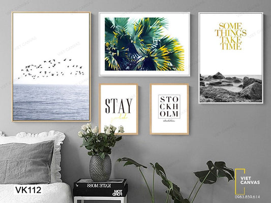 Bộ 5 Tranh Lá Cây Xanh, Biển Cả Và Quotes - VK112