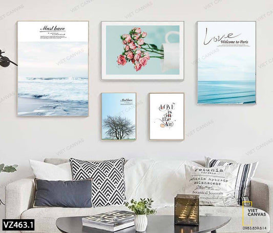 Bộ 5 Tranh Sóng Biển, Hoa, Cây Và Quotes - VZ463.1