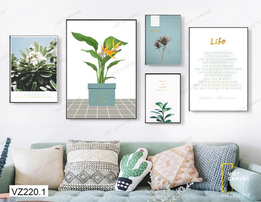 Bộ 5 Tranh Lá Xanh, Hoa Nở Và Quotes - VZ220.1