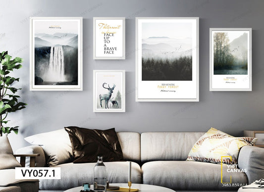 Bộ 5 Tranh Sương Phủ Núi Đồi, Thác Nước. Hươu Và Quotes - VY057.1