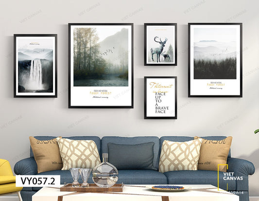 Bộ 5 Tranh Sương Phủ Núi Đồi, Thác Nước, Hươu Và Quotes - VY057.2