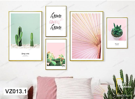 Bộ 5 Tranh Xương Rồng, Lá Cọ Và Quotes - VZ013.1