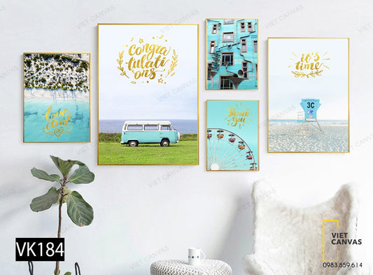 Bộ 5 Tranh Xe, Bãi Biển, Khung Cửa Sổ Và Vòng Quay Mặt Trời - VK184
