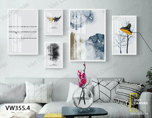 Bộ 5 Tranh Chú Chim, Cây Khô Và Trừu Tượng - VW355.4