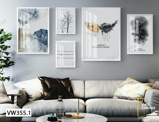Bộ 5 Tranh Chú Chim, Cây Khô Và Trừu Tượng - VW355.1
