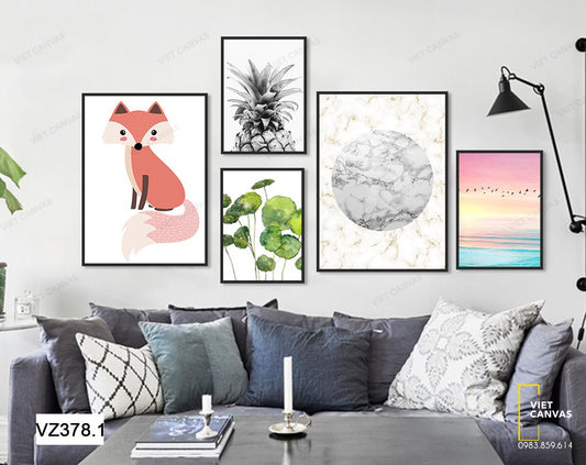 Bộ 5 Tranh Dứa, Lá Sen, Chú Sóc Và Bầu Trời- VZ378.1