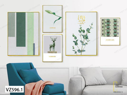Bộ 5 Tranh Hươu, Lá Cây Và Khu Chung Cư - VZ596.1