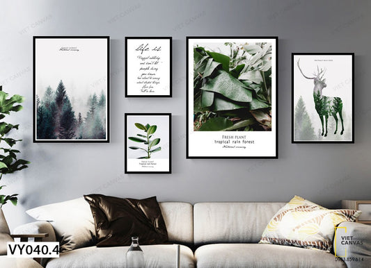 Bộ 5 Tranh Khu Rừng, Hươu, Lá Cây Và Quotes - VY040.4