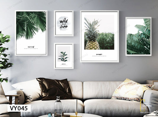 Bộ 5 Tranh Rừng Lá Cây Xanh, Quả Dứa Và Quotes - VY045
