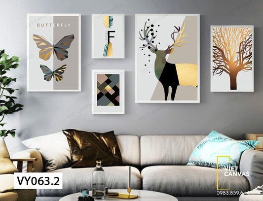 Bộ 5 Tranh Hươu, Bướm, Lông Vũ Và Cây Khô - VY063.2