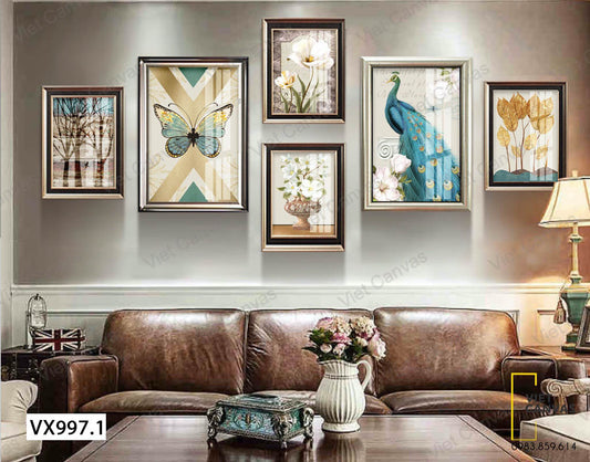 Bộ 6 Tranh Công, Bướm Và Hoa Lá Cây - VX997.1