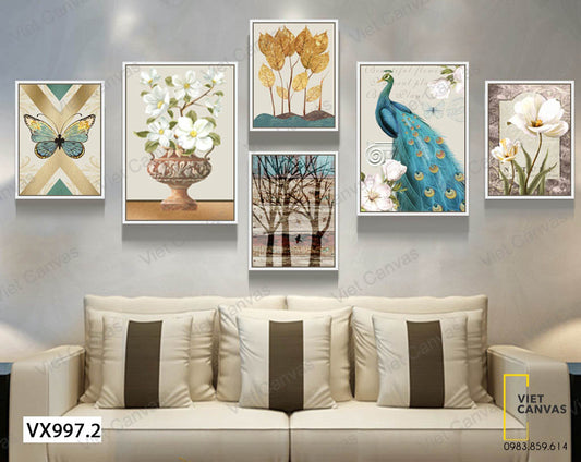 Bộ 6 Tranh Công, Bướm Và Hoa Lá Cây Ấn Tượng - VX997.2