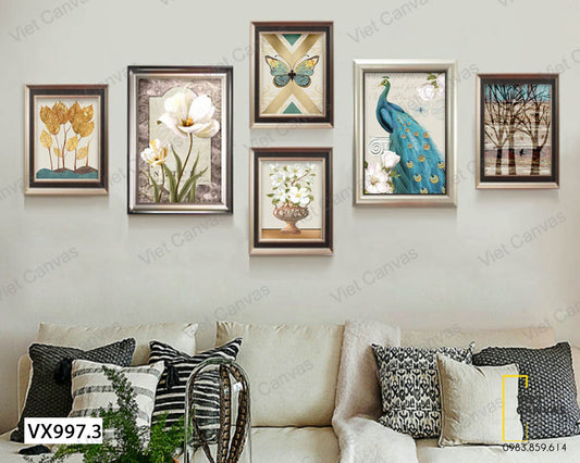 Bộ 6 Tranh Công, Bướm Và Hoa Lá Cây Độc Đáo - VX997.3