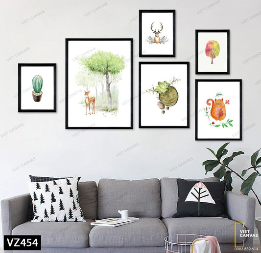 Bộ 6 Tranh Hươu, Chú Mèo, Cây Và Chậu Xương Rồng - VZ454
