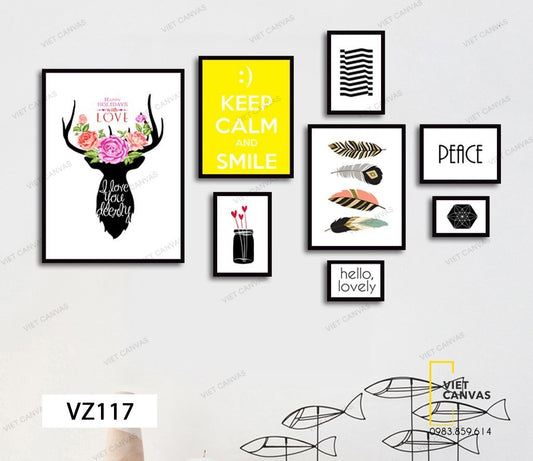 Bộ 8 Tranh Hươu, Lông Vũ Và Quotes - VZ117