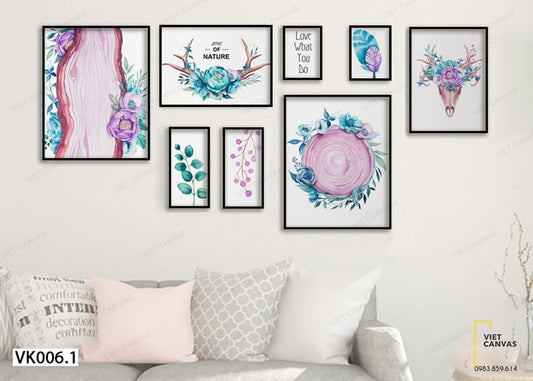 Bộ 8 Tranh Sừng Hươu, Vân Gỗ Và Hoa Lá - VK006.1