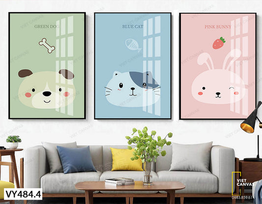 Bộ 3 Tranh Chó, Mèo Và Thỏ Dễ Thương - VY484.4