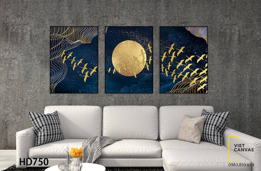 Bộ 3 Tranh Đàn Chim Dưới Ánh Trăng Vàng - HD750