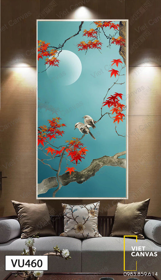 Tranh Đôi Chim Và Cành Cây Lá Đỏ - VU460