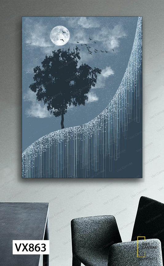 Tranh Cây Xanh Và Đàn Chim Bay Dưới Ánh Trăng - VX863
