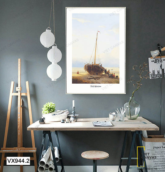 Tranh Chiếc Thuyền Và Đoàn Người Trên Bãi Cát - VX944.2