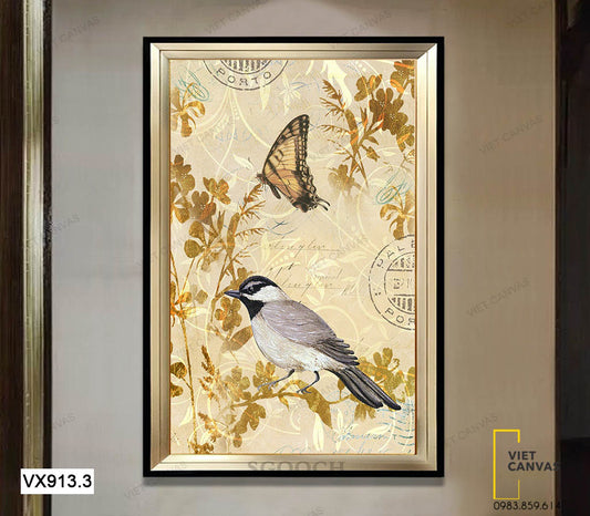 Tranh Chú Chim Sẻ Và Bướm Bướm - VX913.3
