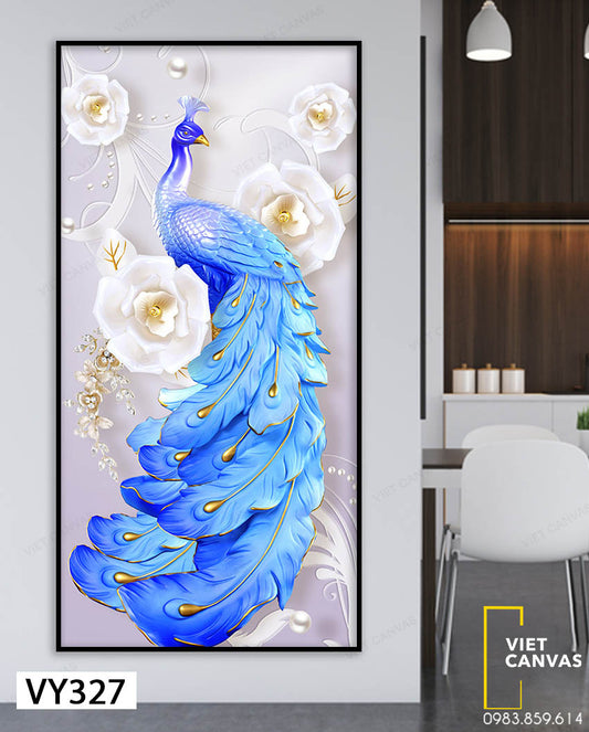 Tranh Chú Công Xanh Và Hoa - VY327