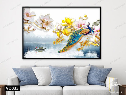Tranh Con Công Trên Cành Hoa Đua Nhau Khoe Sắc - VD035