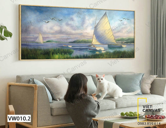 Tranh Đàn Chim Và Những Chiếc Thuyền Trên Sông - VW010.2