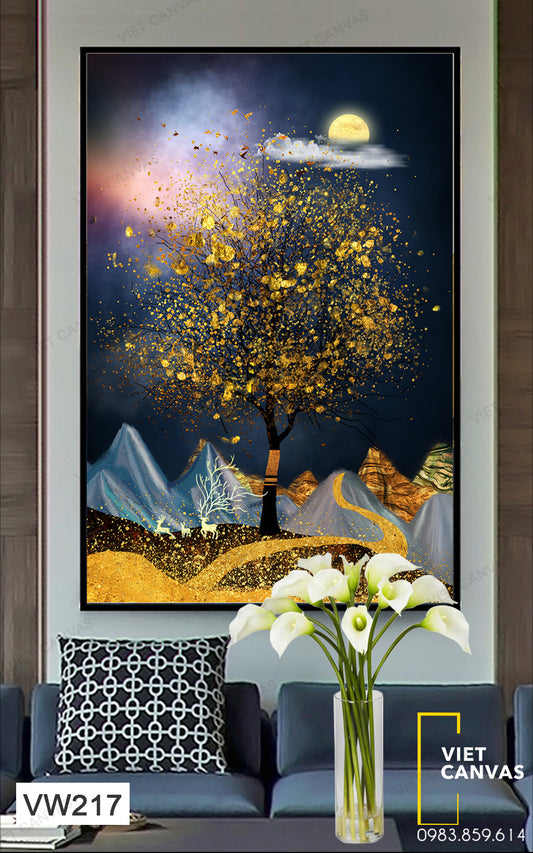 Tranh Đồi Núi Dưới Ánh Trăng Và Cây Cô Đơn - VW217