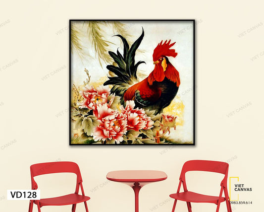 Tranh Gà Trống Và Hoa Mào Gà - VD128