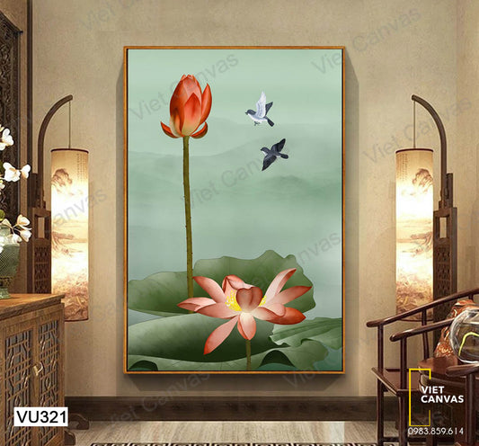 Tranh Hoa Sen Và Đôi Chim - VU321
