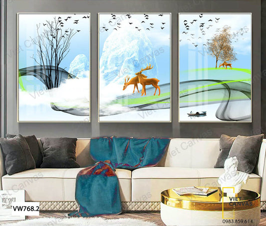 Bộ 3 Tranh Hươu, Chim Và Người Lái Đò - VW768.2