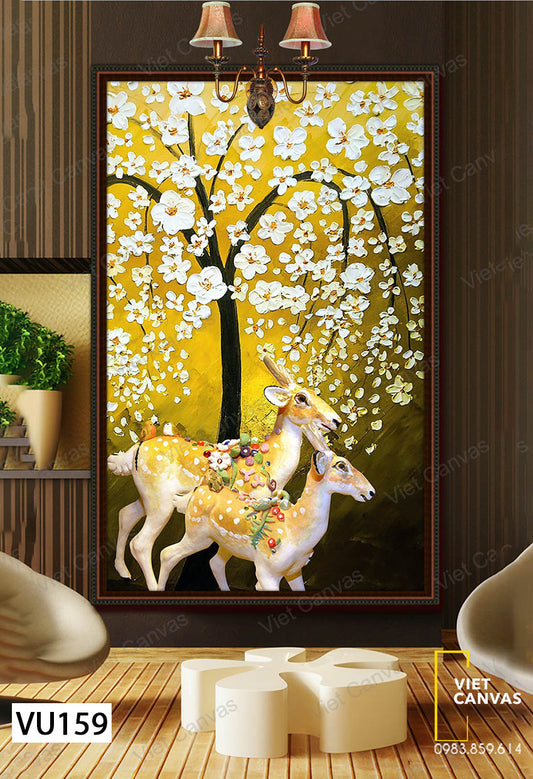 Tranh Hươu Dưới Tán Cây Hoa - VU159