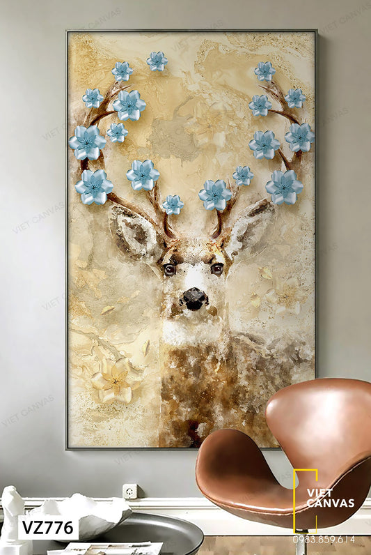 Tranh Hươu Gắn Sừng Hoa Xanh - VZ776