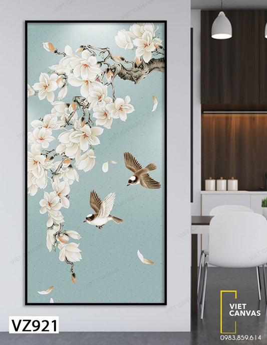 Tranh Nhánh Hoa Trắng Tinh Khôi Bên Đàn Chim Hót - VZ921