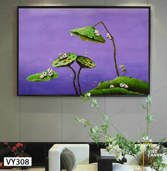 Tranh Những Chú Gấu Trúc Trên Lá Sen - VY308