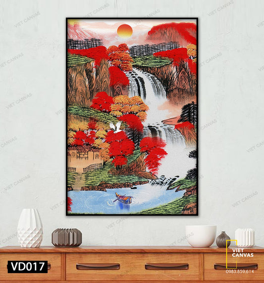 Tranh Thác Nước Chảy Trên Rừng Cây Đỏ - VD017