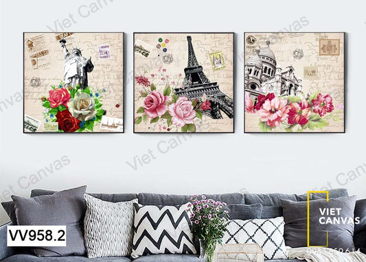 Bộ 3 Tranh Tượng Nữ Thần Tự Do Tháp Eiffel Và Lâu Đài - VV958.2