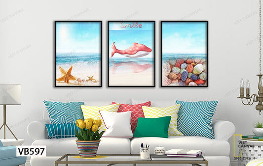 Bộ 3 Tranh Sao Biển, Cá Heo Và Sỏi Trên Bãi Biển - VB597