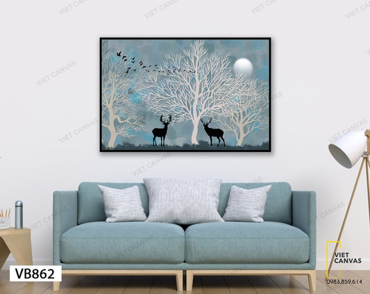 Tranh Đôi Hươu Ngơ Ngác Trong Rừng Đêm Đông - VB862